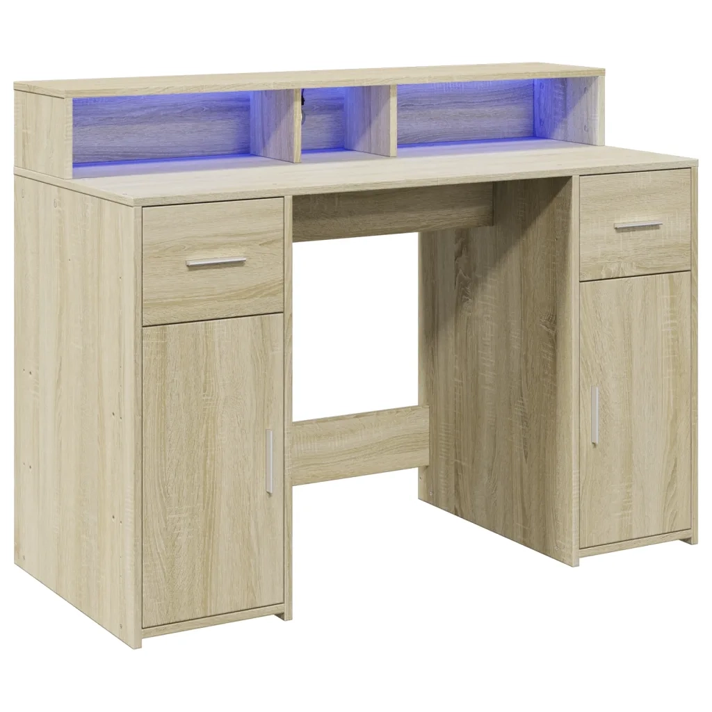 Scrivania con Luci LED Rovere Sonoma 120x55x91cm in Multistrato