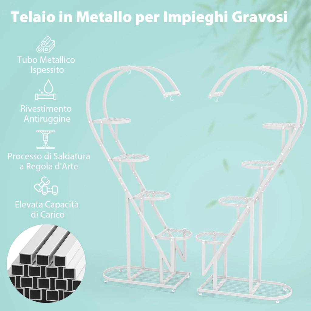 Scaffale per Piante in Metallo a 5 Livelli, Porta Piante a Forma di Cuore con Gancio, Scaffale per Fiori per Soggiorno, Camera da Letto e Balcone (Bianco)
