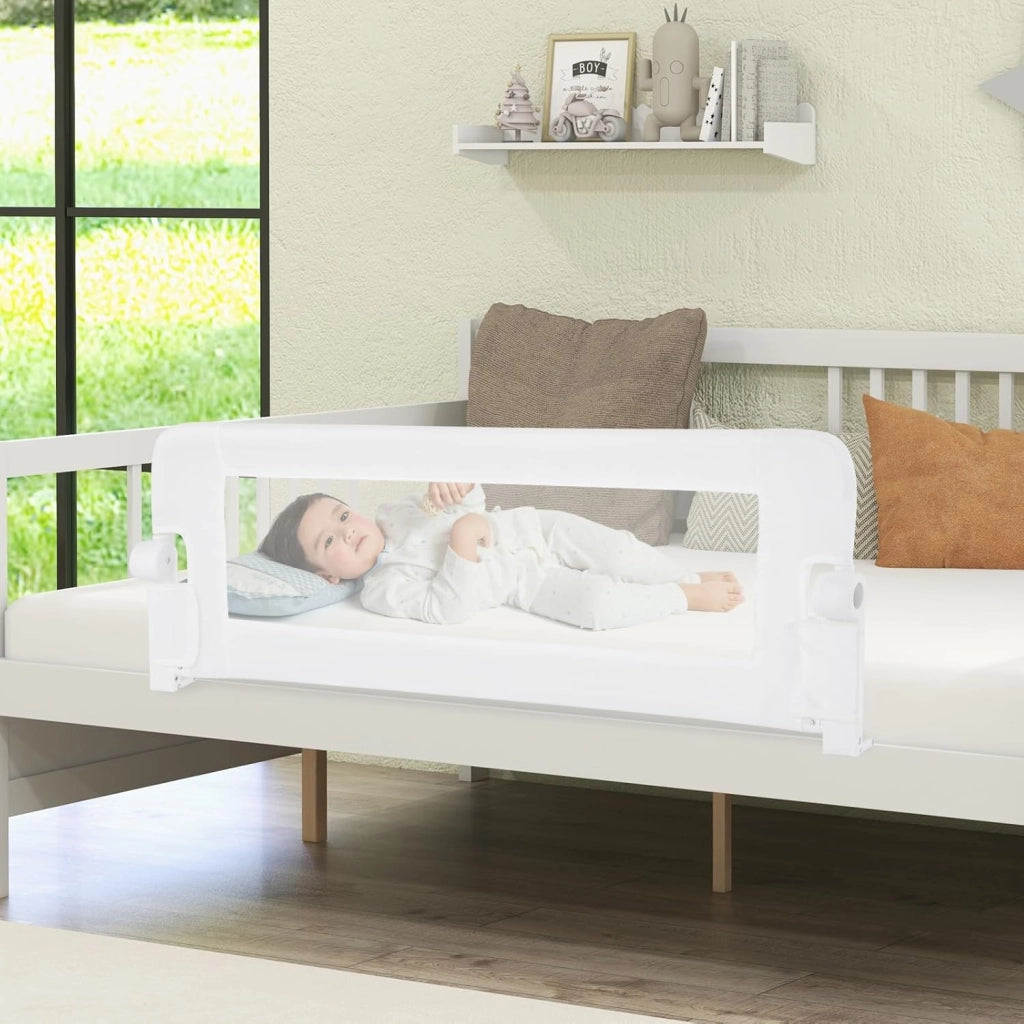 Sponda Letto per Bambini 105/120/150 cm, Barriera di Sicurezza per Neonati, Barriera Letto Pieghevole e Portatile, con Cinghia di Sicurezza (Bianco, 120 x 40 x 42 cm)