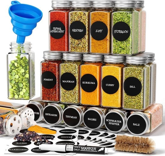 Set di 24 contenitori per erbe con coperchio a vite, kit per erbe con etichette, beccuccio, spazzola per pulizia, pennello, compatibili con i nostri 4 ripiani per erbe, contenitori di vetro trasparente vuoti