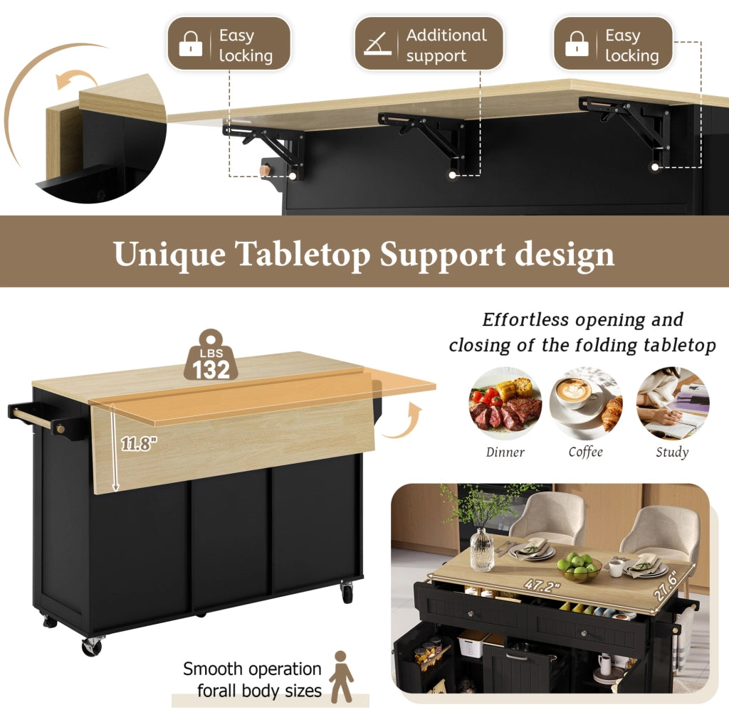 Isola da cucina mobile con piano estraibile e pieghevole; MDF; nero e naturale