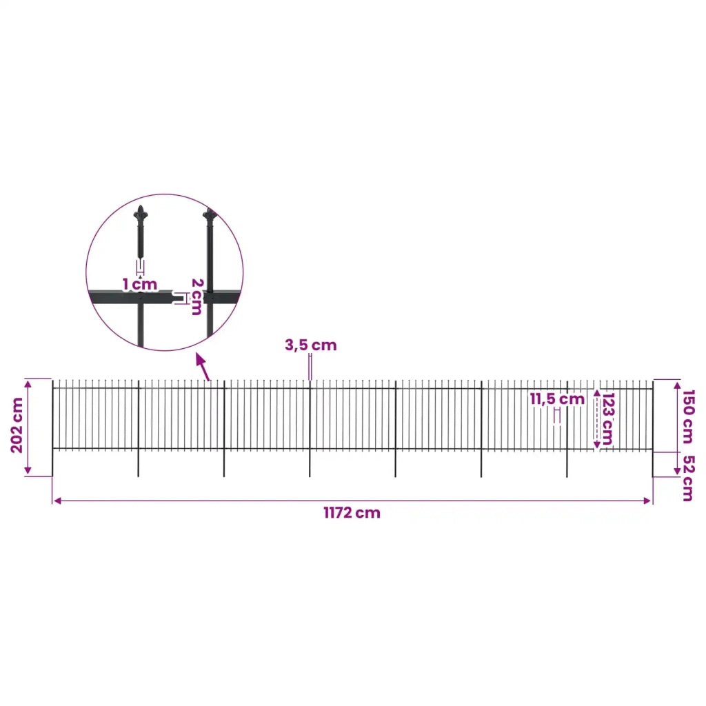 Recinzione da Giardino con Punta a Lancia in Acciaio 1172x150 cm Nero 277635