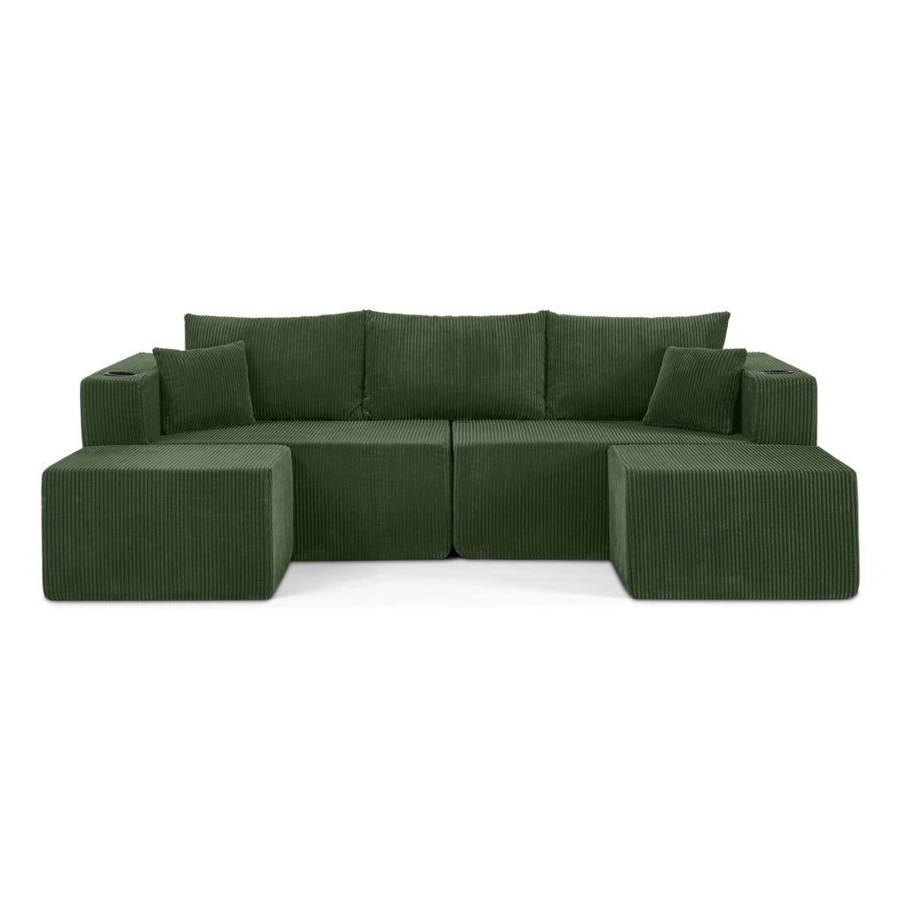 Divano angolare modulare verde 3 posti in schiuma con pouf mobili
