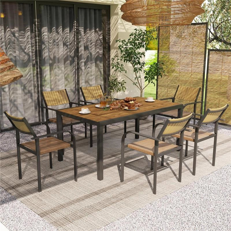 SET TAVOLO DA GIARDINO ALLUNGABILE CON 6 SEDIE DA ESTERNO IMPILABILI ACCIAIO E TEXTILENE MARRONE