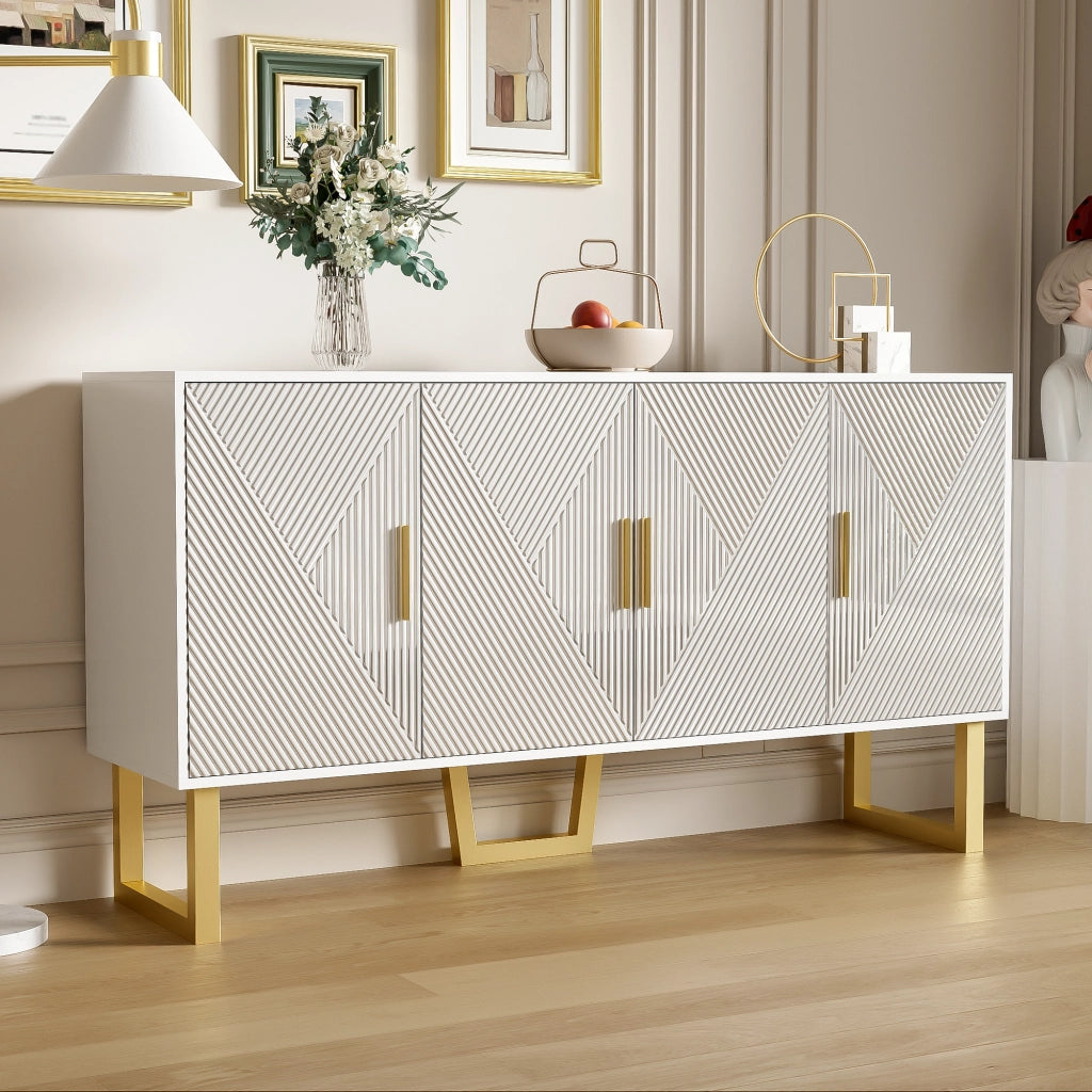 Credenza moderna di lusso con 4 ante, ripiani regolabili, porte lucide strutturate e dettagli oro, bianca 150 × 40 × 82 cm