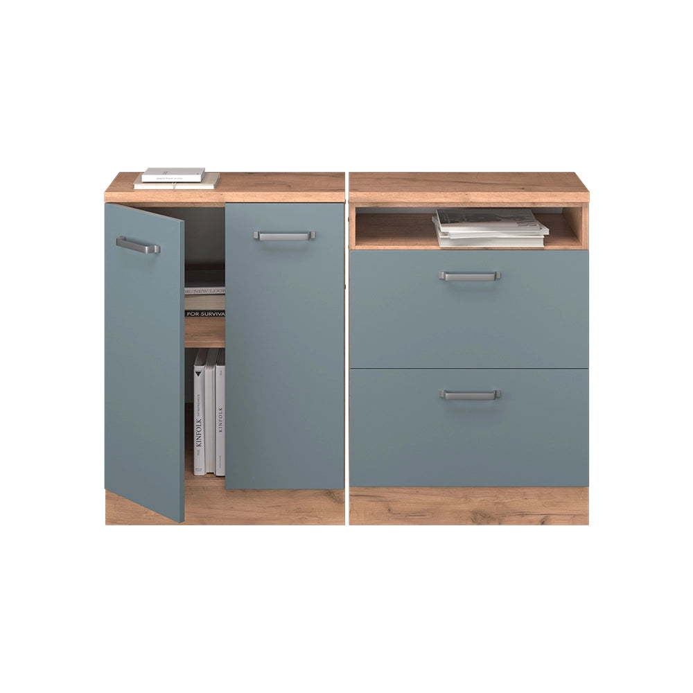Mobile cucina sottotetto R-Line Grigio-blu/Rovere dorato 120 cm Set di 2 carcasse armadio profondità 60 cm Vicco