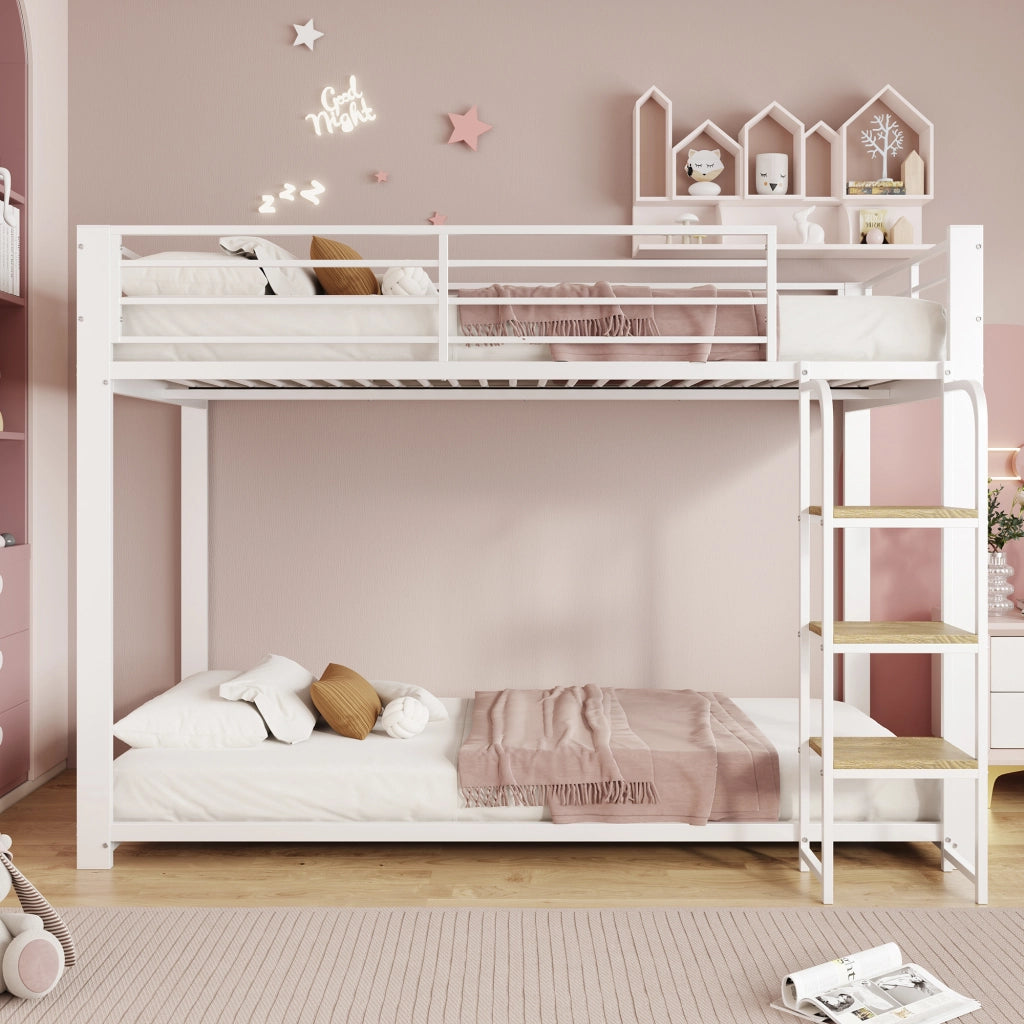 Letto a castello 90 × 200 cm 2 posti con scala integrata e mensole, senza materasso, in metallo e MDF bianco noce