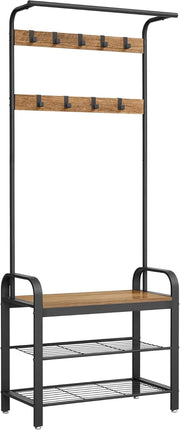VASAGLE Appendiabiti con Scarpiera, Mobile da Ingresso con Panca, 4 in 1, 9 Ganci Rimovibili, Barra Attaccapanni, Entrata Corridoio, 33,7 x 77 cm, Industriale, Noce Medio e Nero HSR040B41