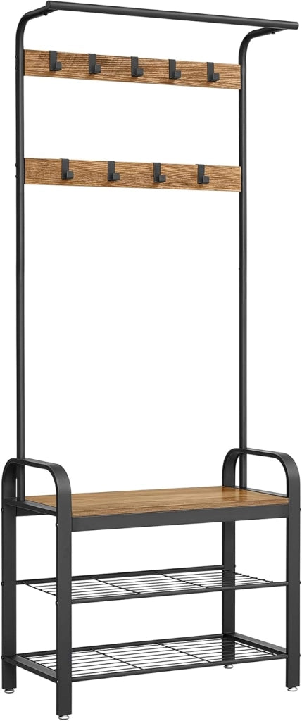 VASAGLE Appendiabiti con Scarpiera, Mobile da Ingresso con Panca, 4 in 1, 9 Ganci Rimovibili, Barra Attaccapanni, Entrata Corridoio, 33,7 x 77 cm, Industriale, Noce Medio e Nero HSR040B41