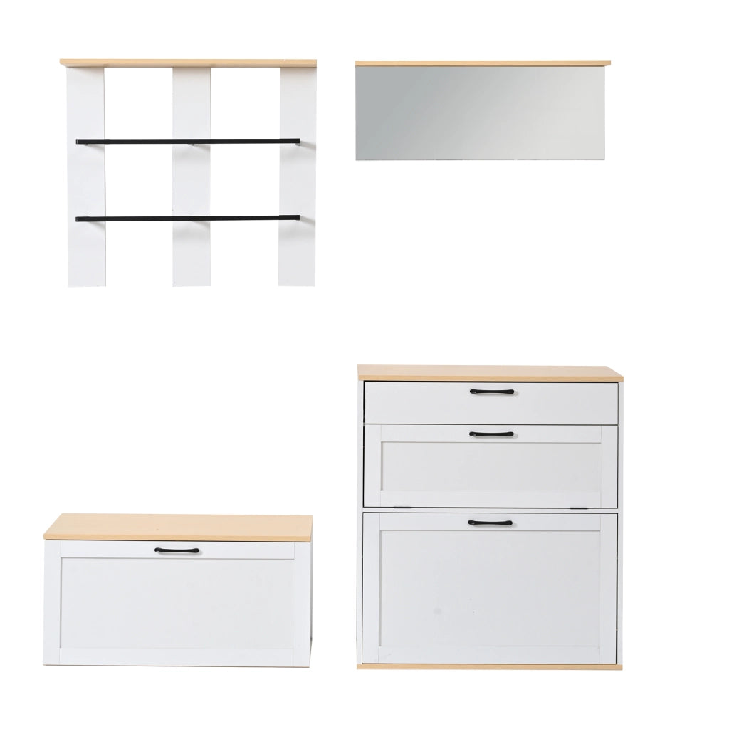 Set ingresso modulare con scarpiera, panca, specchio e appendiabiti, 156x36x176 cm, bianco e legno naturale