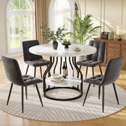 Tavolo da Pranzo Rotondo con 4 Sedie ¨C MINIMAL ¨C Piano Effetto Marmo, Gambe Metallo Nero, Velluto Grigio, 80cm