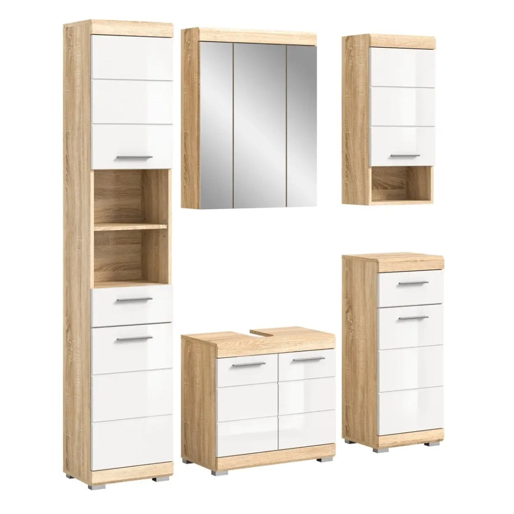 Set di mobili da bagno RIDLEY – Mobili sotto lavabo, mobile con specchio, colonna e mezze colonne – Bianco e quercia