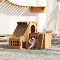 Tiragraffi in Cartone per Gatti a Forma di Castello 2 in 1, con 2 Aree di Graffiatura 67x66x57 cm Marrone