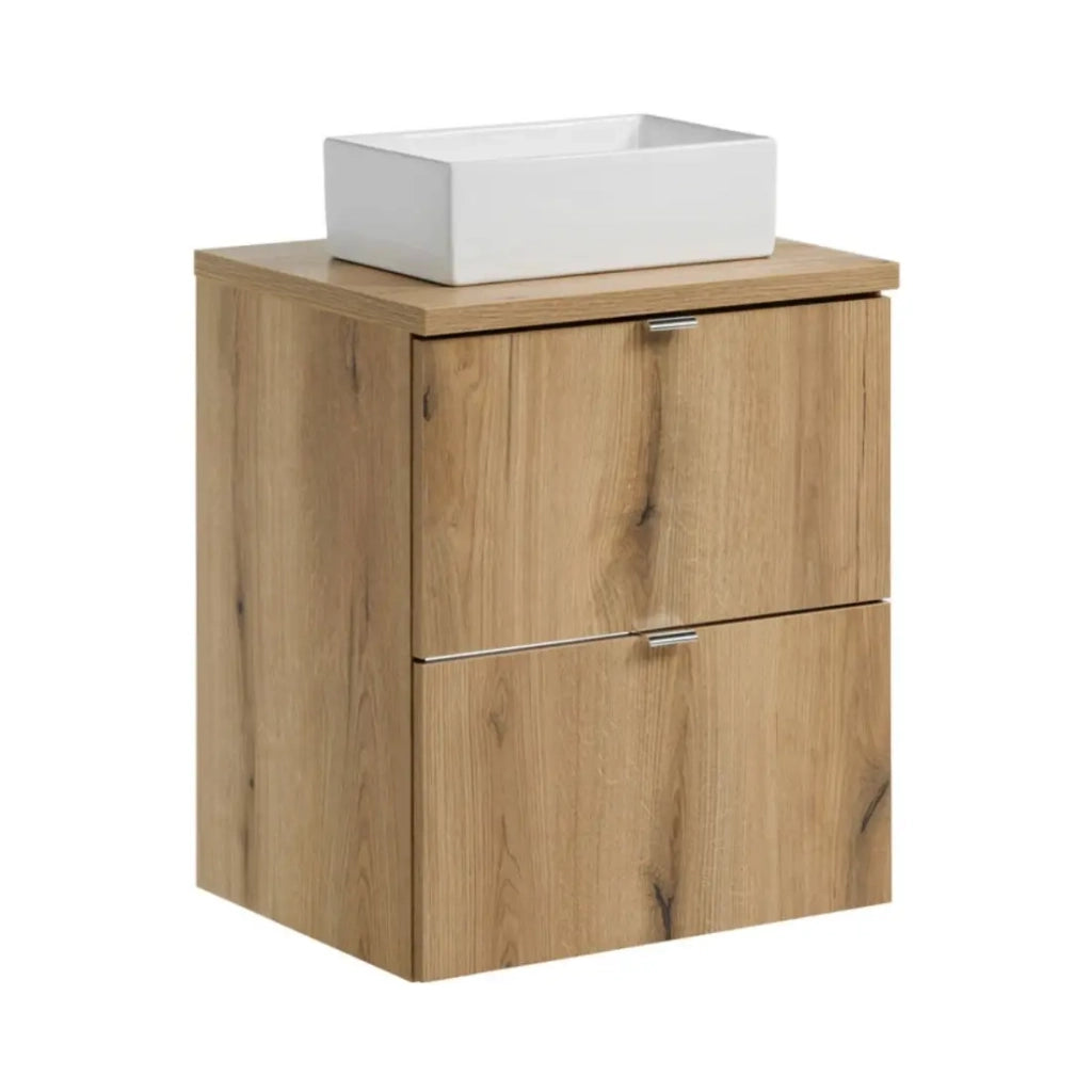 Set da bagno VANO effetto rovere 50cm: mobili sotto lavabo con cassetti + piano per lavabo + lavabi da appoggio