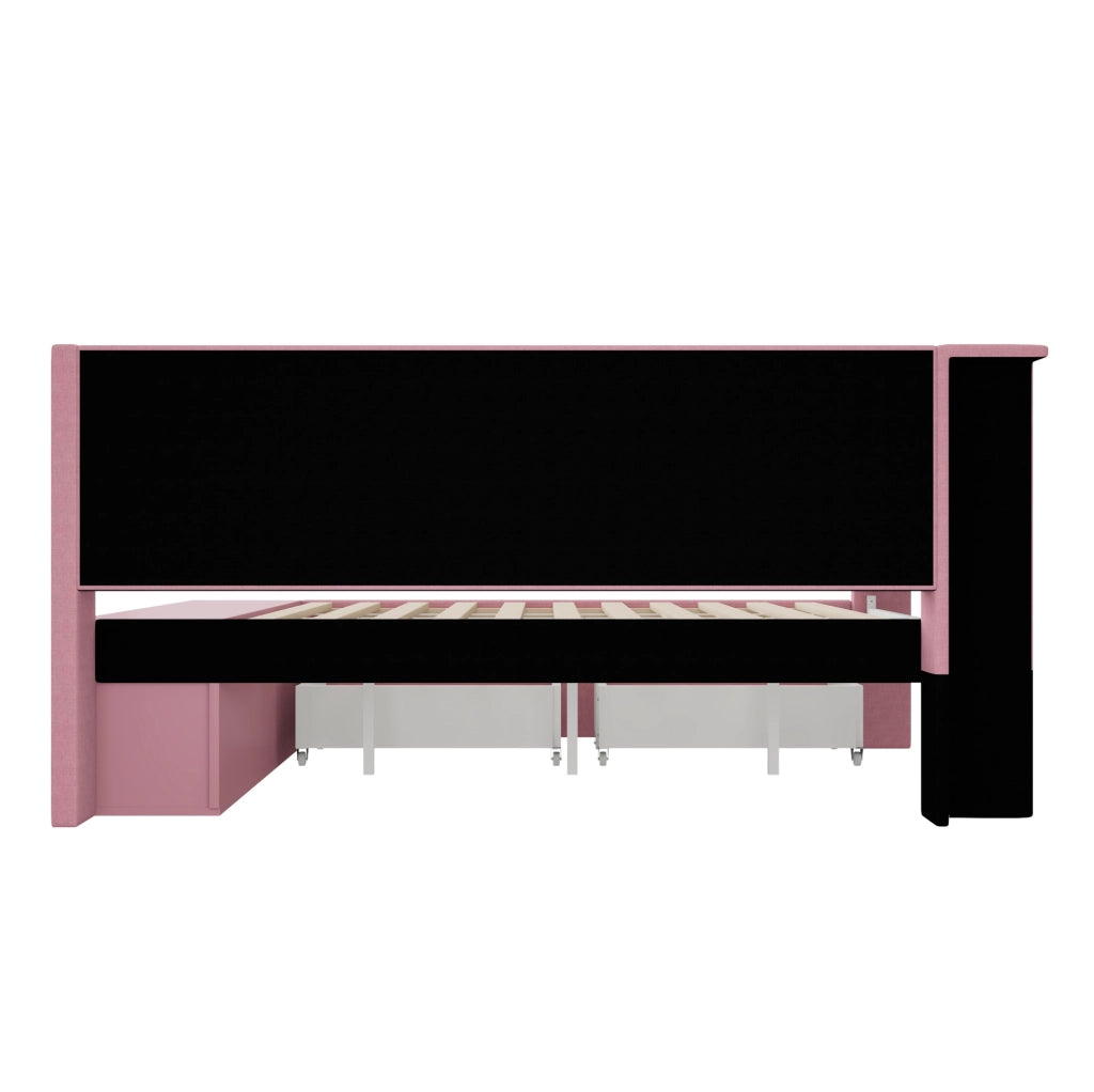 Letto imbottito 90x200 cm con USB; luce LED a 7 colori; 2 cassetti e scarpiera; rosa