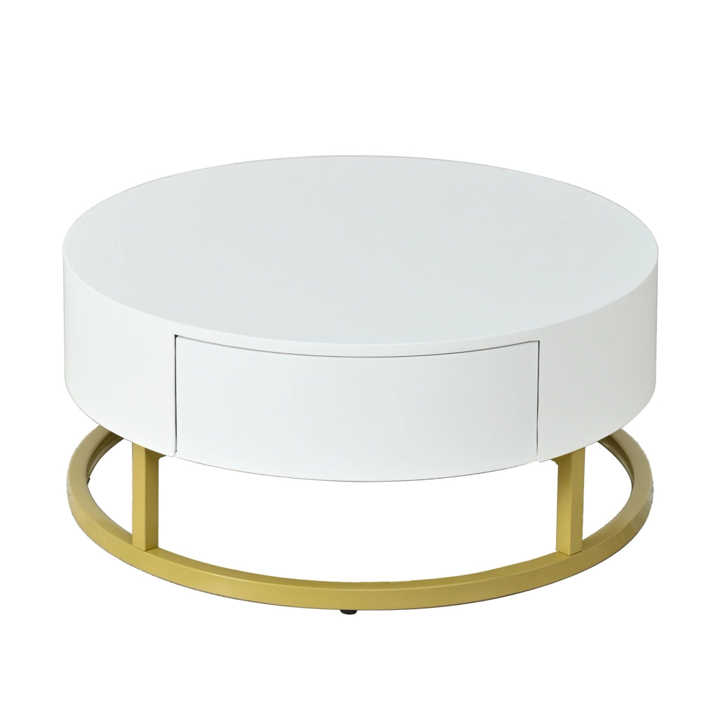 Set di 2 tavolini rotondi a incastro in MDF; piano elevabile; cassetto; bianco e oro