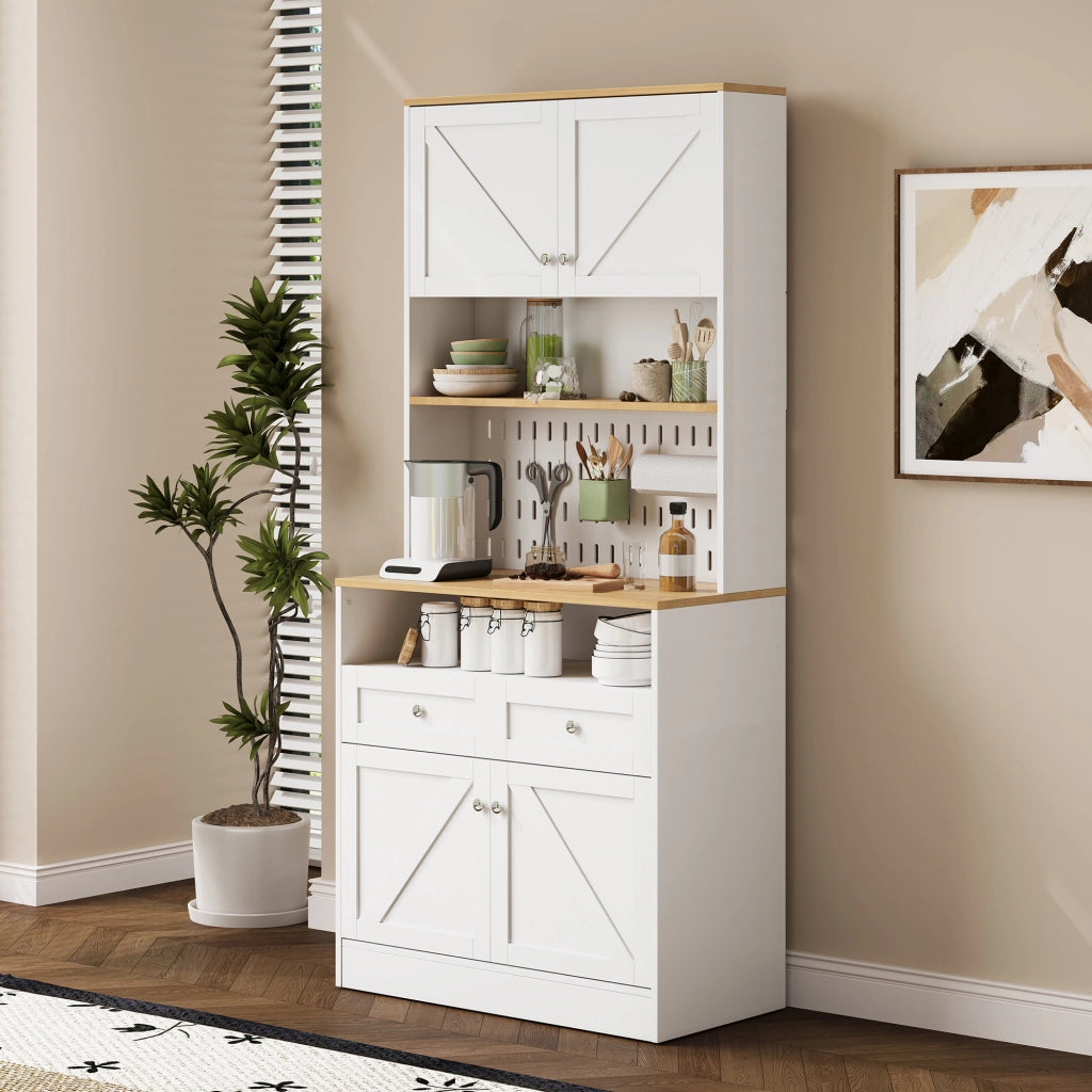 Credenza con ante a granaio e pannello forato, 2 cassetti e ripiani, cucina e sala da pranzo bianco e legno 80 × 40 × 175 cm