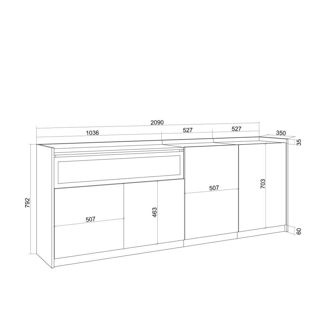 Credenza, Mobile, Cucina, 207x80x37 cm, 4 Porte, Camino elettrico, LED, Rovere scuro e Nero