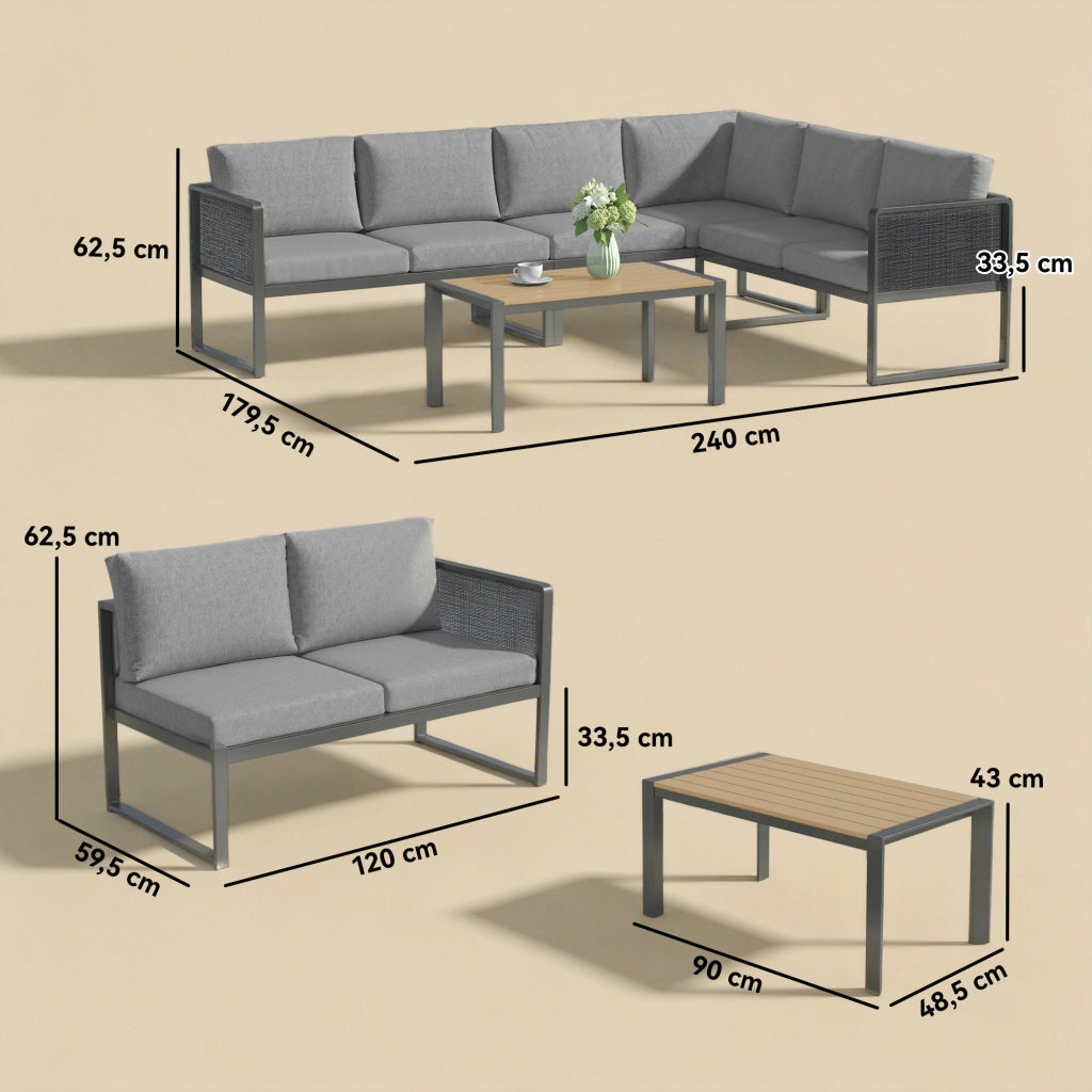 Divano angolare esterno 6 posti con tavolino e cuscini ¨C zephmum ¨C grigio scuro