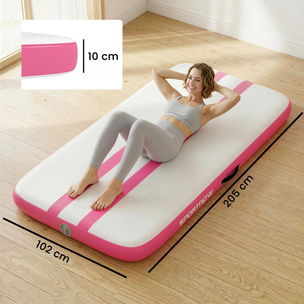 Tappetino Gonfiabile Ginnastica 205x102x10 cm con Pompa Elettrica e Borsa Trasporto in PVC Rosa