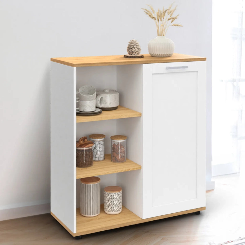 IDMarket - Aparador VITO de 3 estantes con armario blanco y encimera de madera de 70 cm
