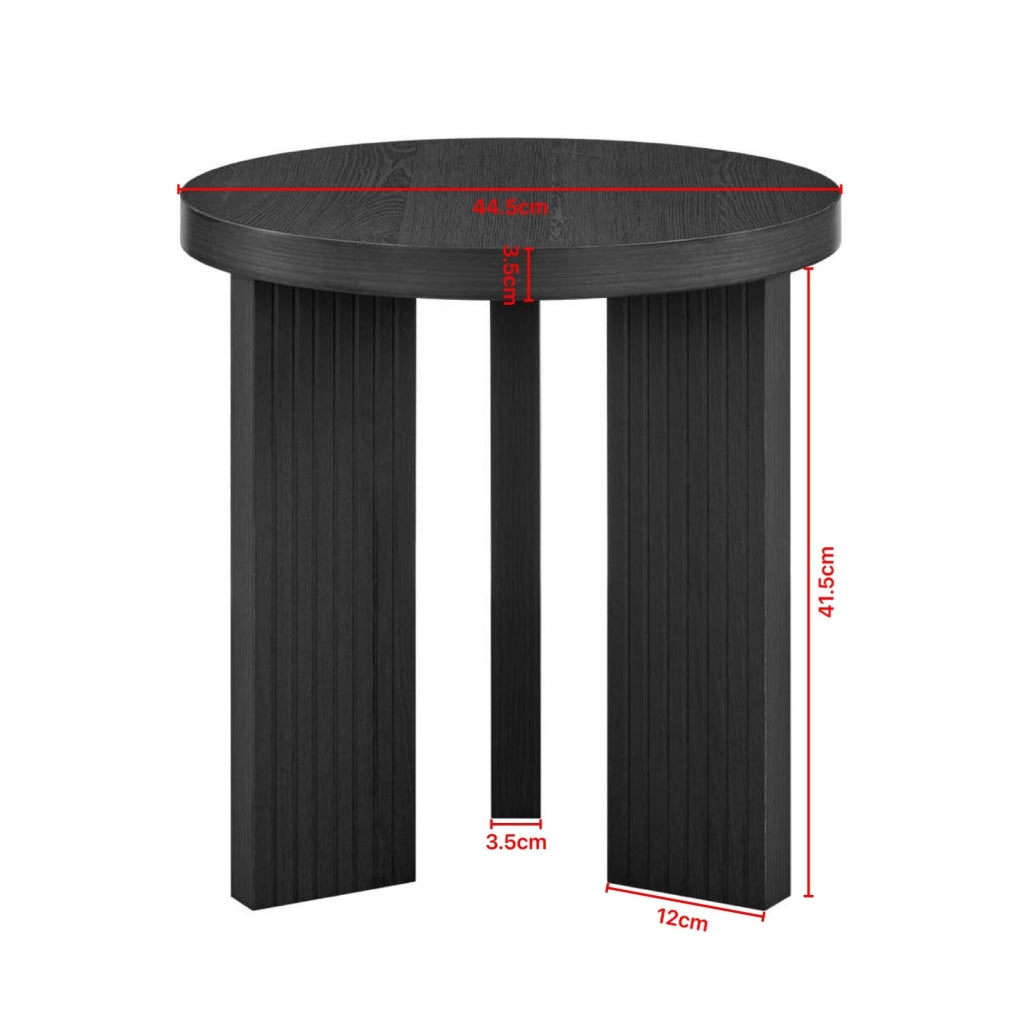 Tavolino laterale rotondo in MDF nero con struttura a tre gambe