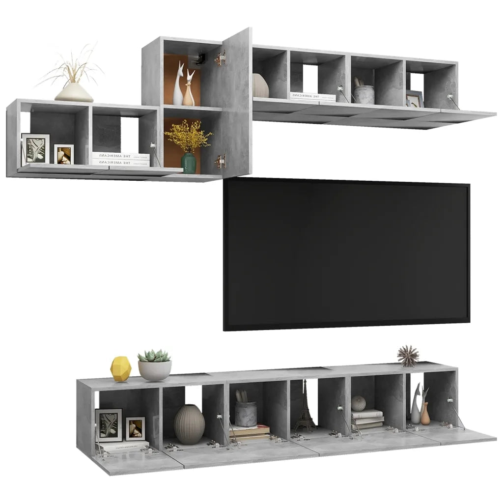 Set di Mobili Porta TV 7 pz-Set di 7 Credenza per TV Grigio Cemento in Legno Multistrato 409672