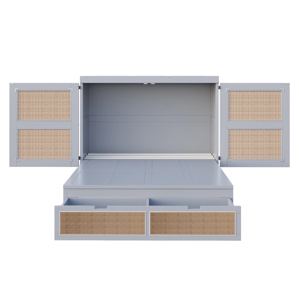 LETTO a scomparsa 140x200 cm in legno grigio con design rattan e cassetti