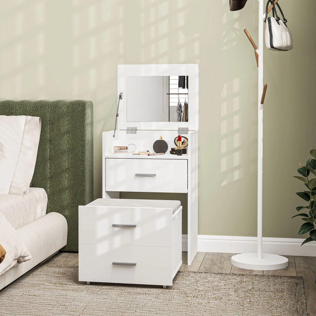 Tavolo da trucco con specchio, 2 cassetti e sgabello ¨C zephmum ¨C Bianco, legno, 50x40x113.5 cm