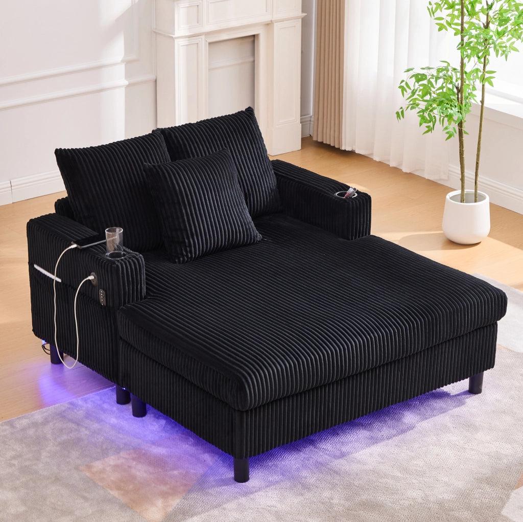 Chaise longue 142x128x85 cm in velluto a coste nero con USB， LED e portabicchiere