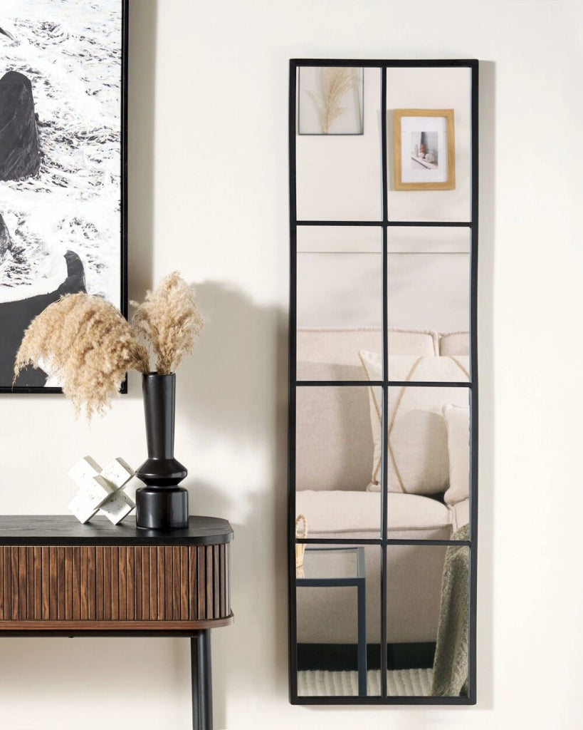 Specchio da parete a forma di finestra rettangolare con struttura in metallo di colore nero 38 x 132 cm stile moderno industriale