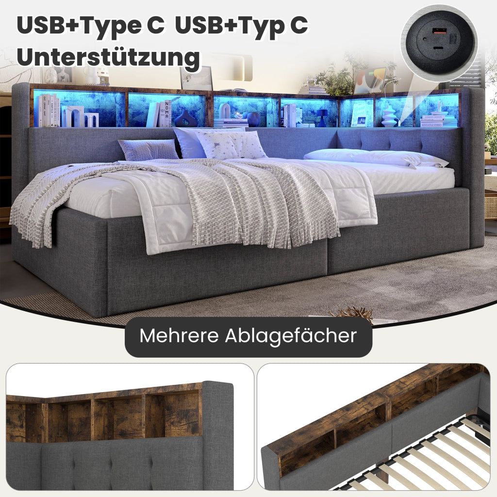 Letto singolo 90×200 cm con USB; tipo C; LED e vani portaoggetti; senza materasso; lino; grigio