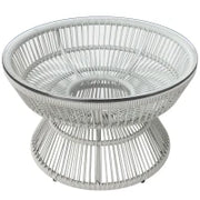 Tavolino da Giardino Rotondo, Tavolino d'Appoggio in Resina Effetto Rattan e Piano in Vetro Temperato, Ø 60 x 37H cm, Grigio chiaro