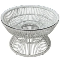 Tavolino da Giardino Rotondo, Tavolino d'Appoggio in Resina Effetto Rattan e Piano in Vetro Temperato, Ø 60 x 37H cm, Grigio chiaro