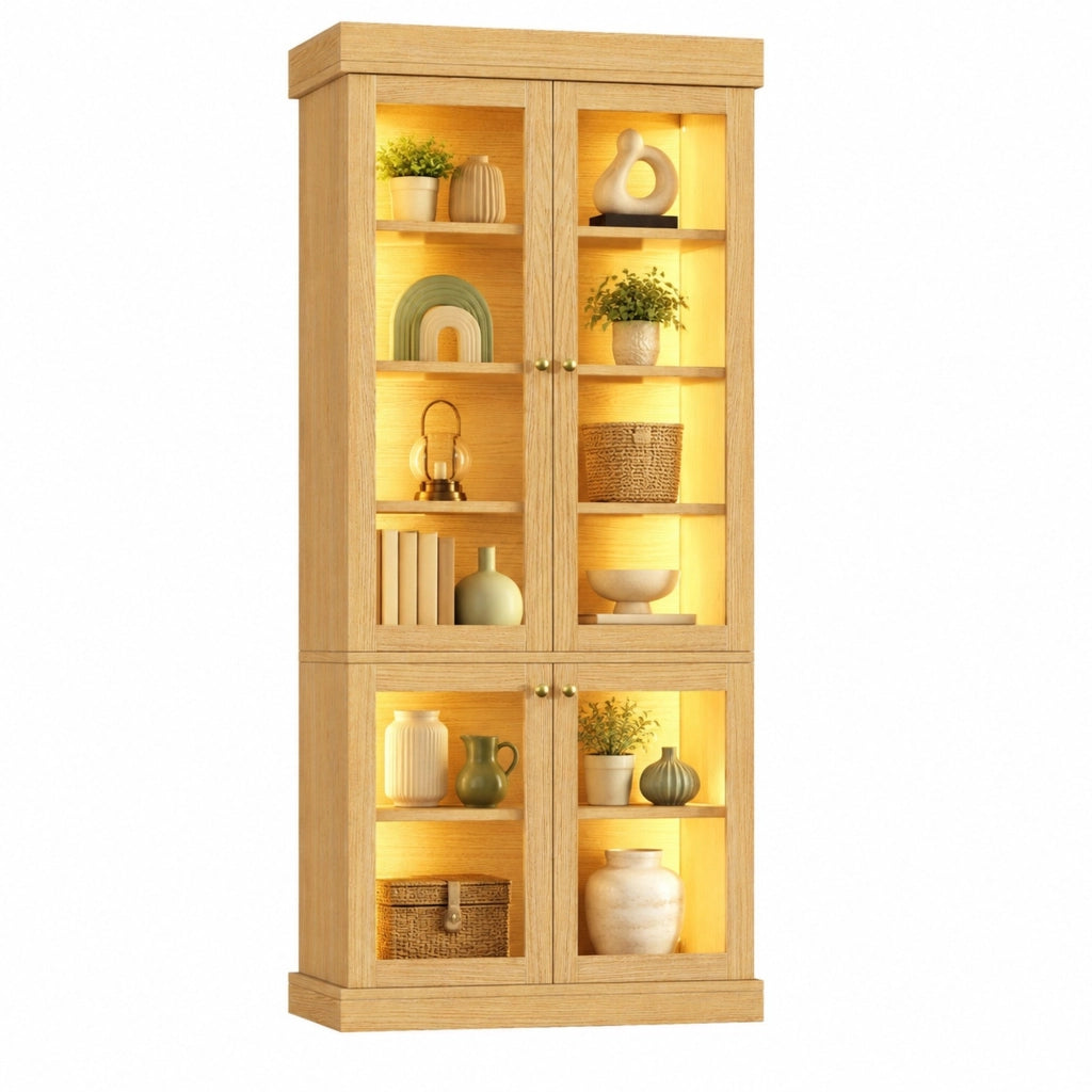 Armadio alto con LED multicolore, vetro e ripiani effetto legno