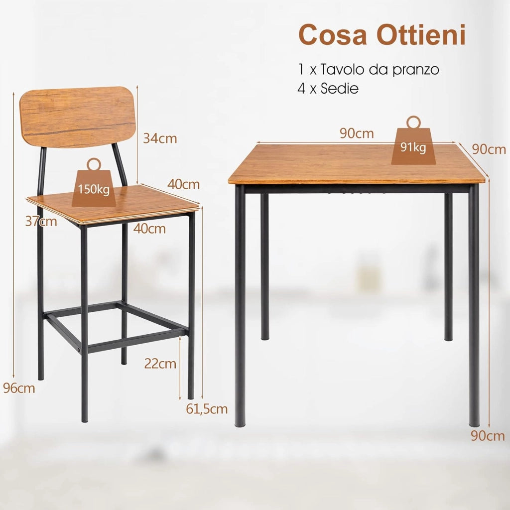 Set 5 Pezzi Tavolo da Pranzo, 1 Tavolo Rettangolare e 4 Sedie con Poggiapiedi, Set di Tavolo da Pranzo Salvaspazio per Casa Ristorante Bar (Marrone Scuro)