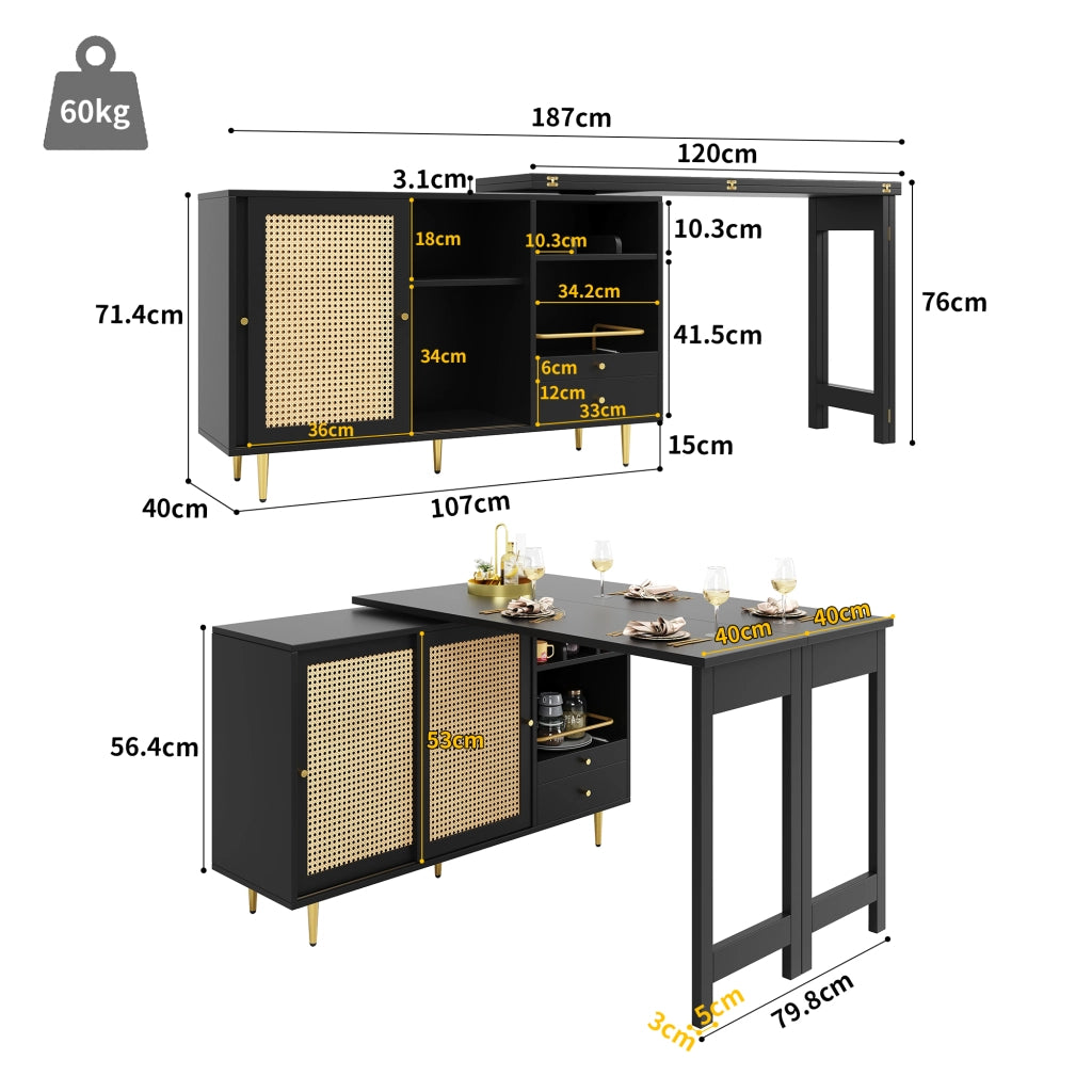 Mobile Bar con Anta in Rattan; Cassetto; Ripiani Aperti; Piano Girevole a 360° ed Estensibile per Cucina
