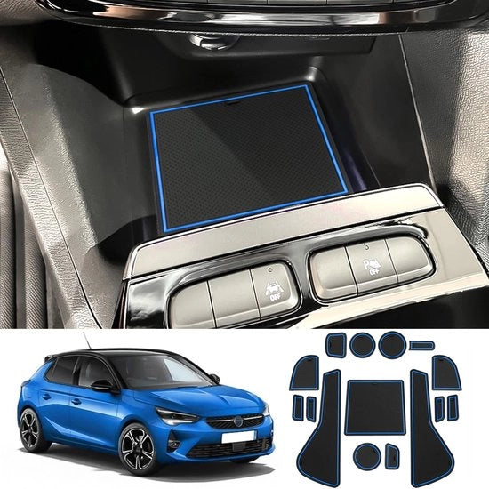 Materassini antiscivolo compatibili con Opel Corsa F 2020-2024 (manuale), tappetini di gomma per console centrale, tappetini per portellone, supporto per tazza, accessori per Opel Corsa antiscivolo (blu)