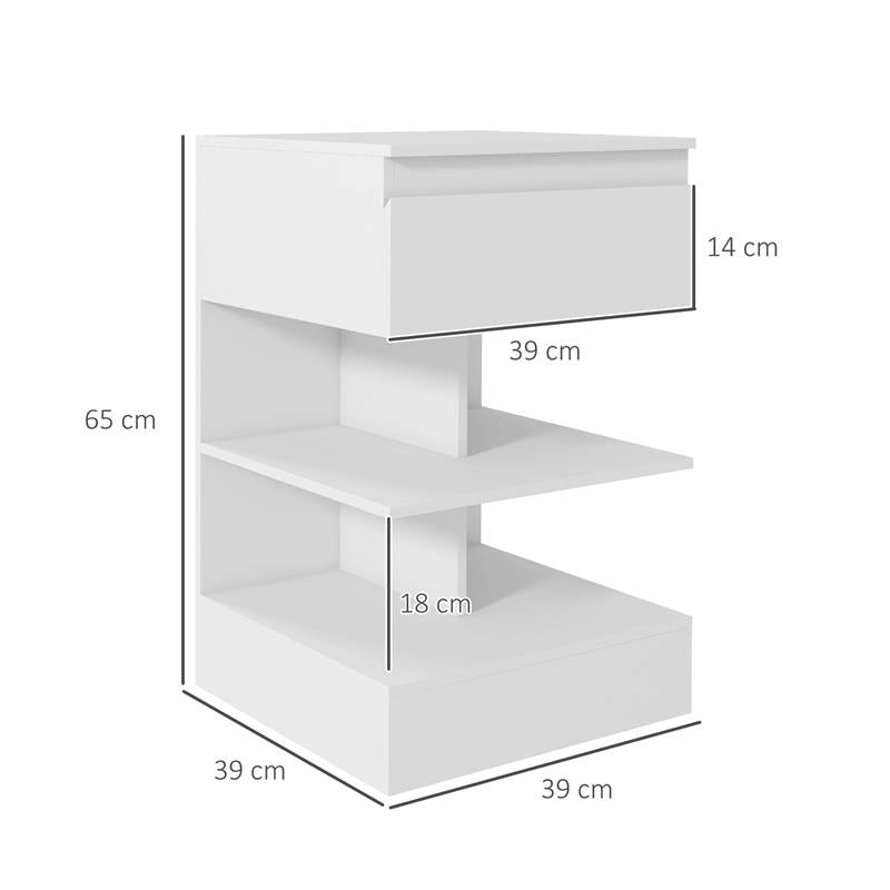 COMODINO MODERNO IN TRUCIOLATO E MDF CON UN CASSETTO E 2 RIPIANI, 39X39X65 CM, BIANCO