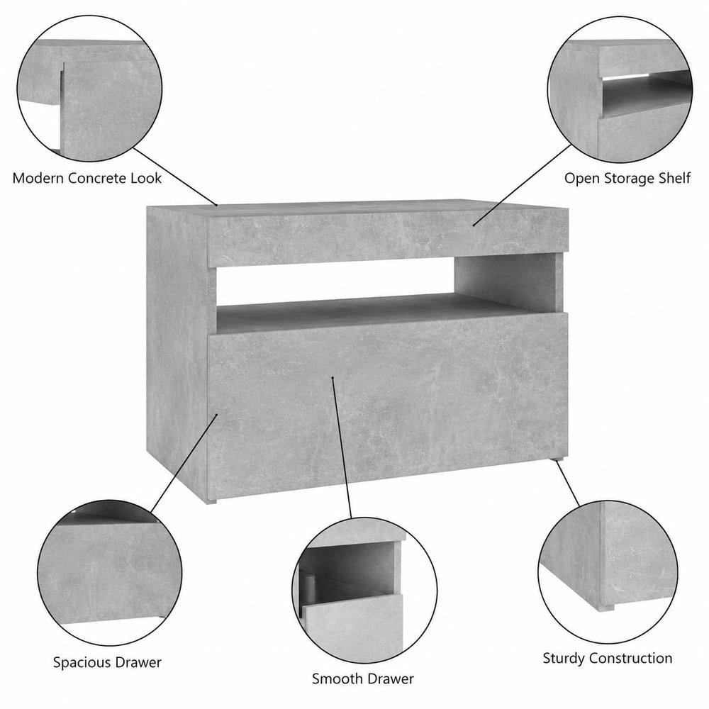 Bedside Table With LED Lights, Concrete Grey, 60x35x40 Cm