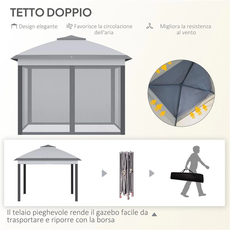 GAZEBO DA ESTERNO PIEGHEVOLE AD ALTEZZA REGOLABILE CON ZANZARIERE, 3.3X3.3X2.8 M, GRIGIO
