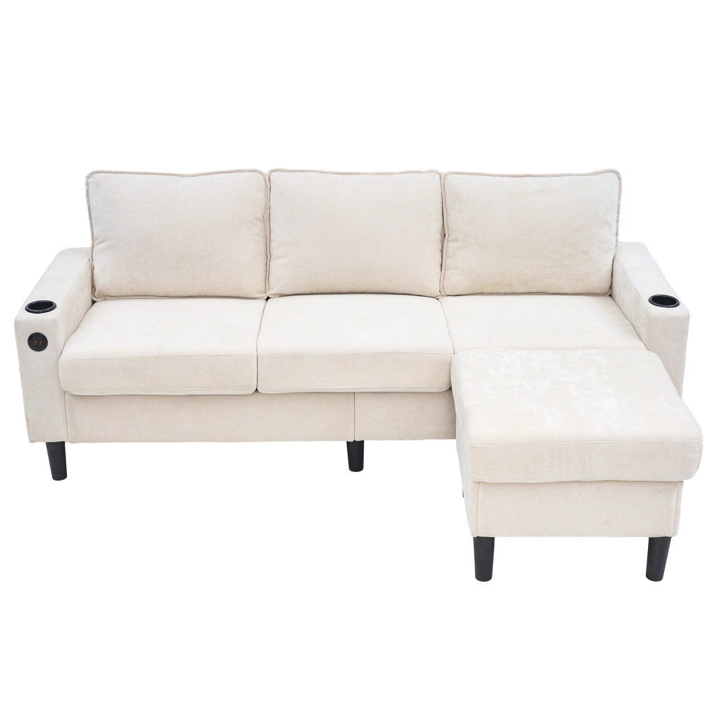Divano angolare ULEVR 202x137x80 cm beige con pouf, USB, Type-C e porta bevande