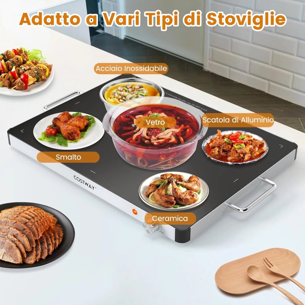 Vassoio Riscaldante Elettrico, Piatto Scaldavivande Portatile in Vetro Temperato con Temperatura Regolabile e Maniglie Antiustioni, per Feste Buffet (53 x 40 cm)