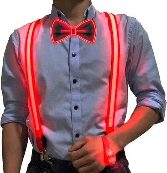 Bretels luminosi con spilla - Breteli LED con spilla - Fili di farfalla - Breteli - Accessori di festa - Festa - Festival - Costume - Carnevale - Accessori di travestimento - Brillano al buio - neon - LED - Unisex - Rosso