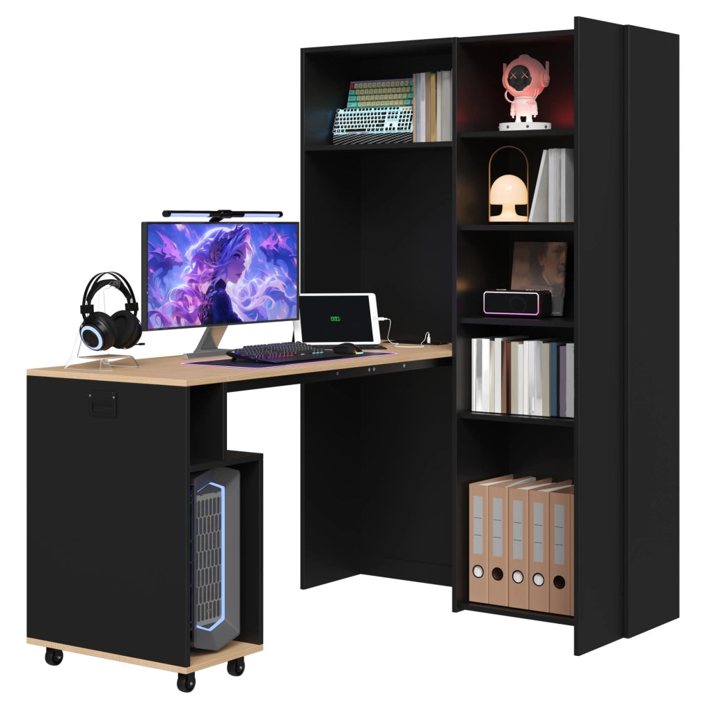 Scrivania pieghevole con libreria 104;5x30;5x160 cm in MDF nero e rovere; con presa EU e USB