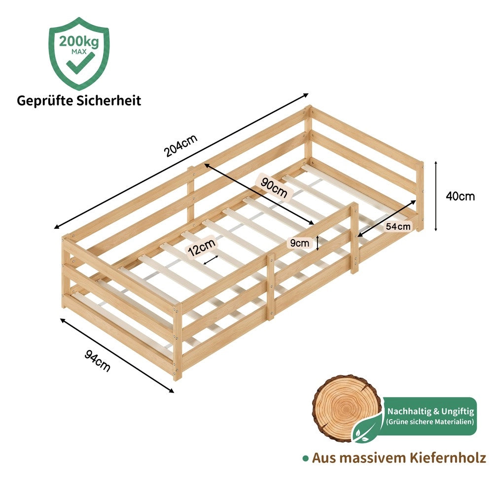 Letto Montessori per Bambini ¨C MINIMAL ¨C Pino Massello, Senza Rete, 90x200, Naturale
