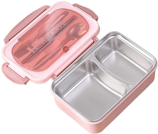 Borsa di Lavoro in Acciaio Inossidabile - Contenitore Imprigionato - 2 Compartimenti - Set di Cucchiai e Spiedini - Tasca Portatile - Contenitore di Stoccaggio Cibo per il Lavoro