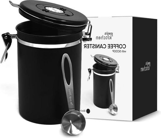 Caffè in lattina - acciaio inossidabile ermetico - 1800 ml - ideale per caffè in grani - conservazione dell'aroma - cucchiaio di misura nero