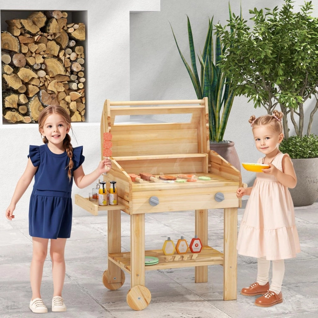 Griglia da gioco in legno con vassoio e supporto per riporre, Set da cucina immaginaria con cibo da gioco Naturale