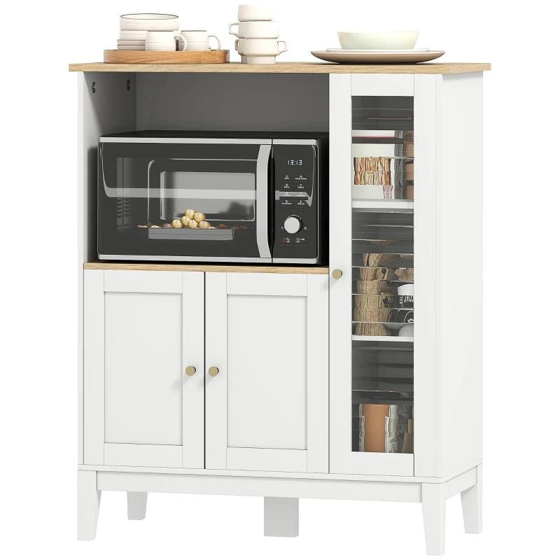MOBILE MICROONDE CON ARMADIETTO INFERIORE E 3 RIPIANI LATERALI CON ANTA IN VETRO, IN LEGNO, 80X35X97 CM, BIANCO